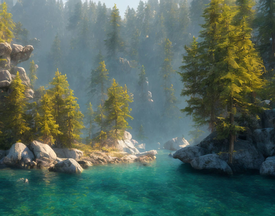 Serene turquoise lake in misty sunlight surrounded by evergreen trees