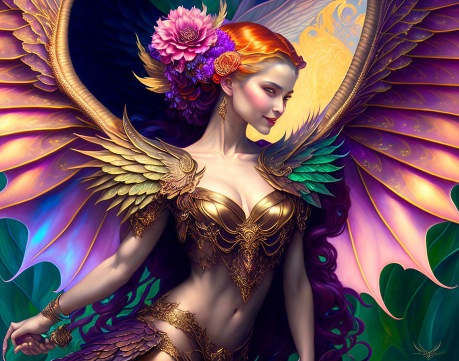 Fantasy woman portrait with golden wings, floral hair, and intricate armor against colorful botanical backdrop