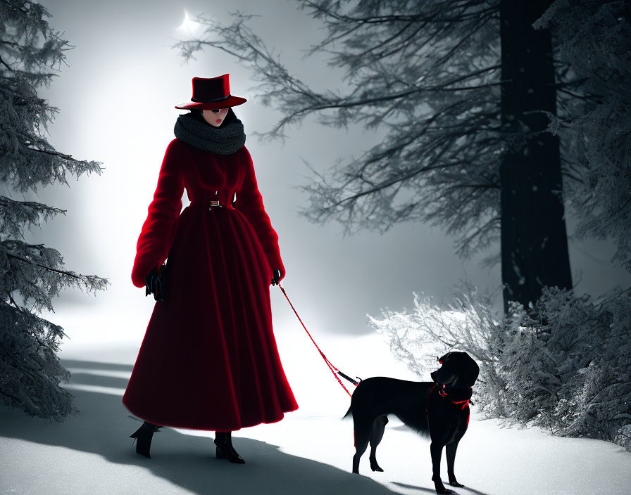 Person in Red Coat with Black Dog in Snowy Forest Scene