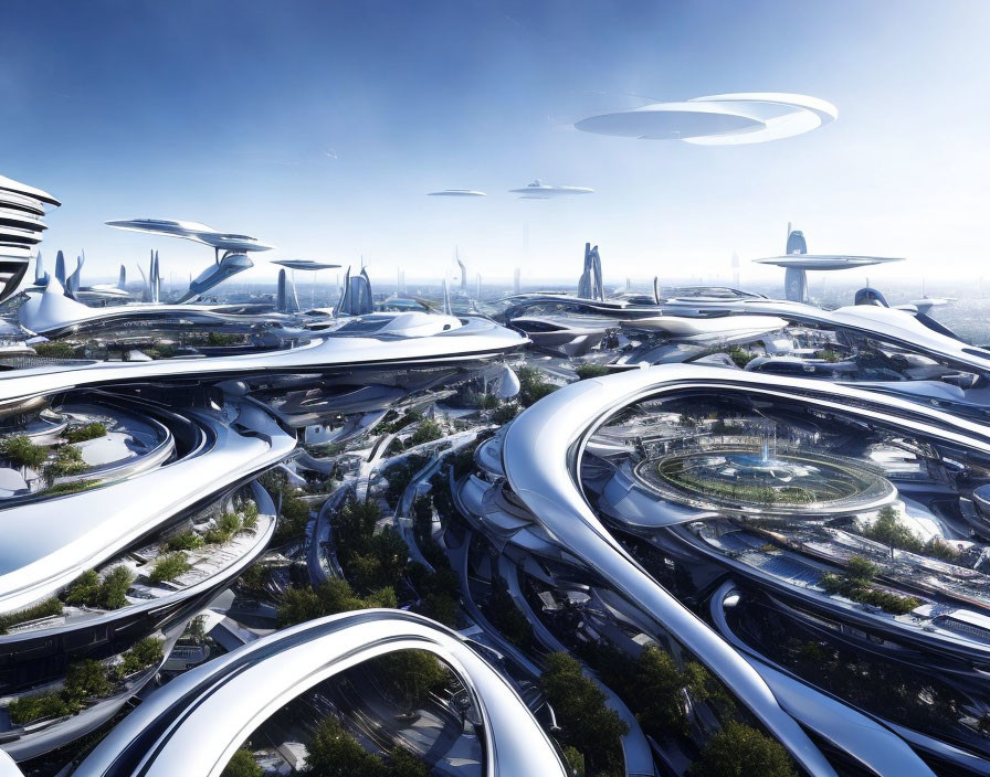 Futuristic cityscape with swirling architecture, greenery, and flying vehicles