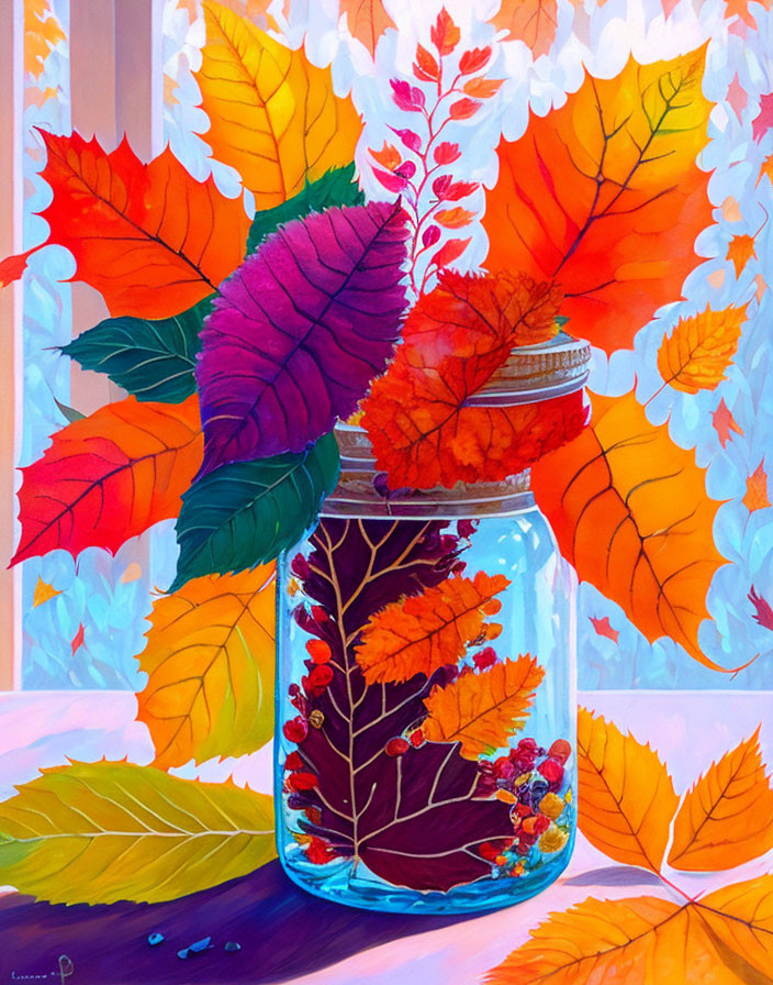 Colorful Autumn Leaves in Glass Jar Painting