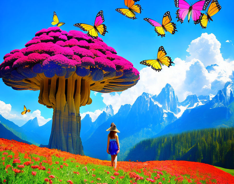 Person in Blue Dress Walking Through Vibrant Flower Field with Fantasy Mushroom, Butterflies, and Mountain Back