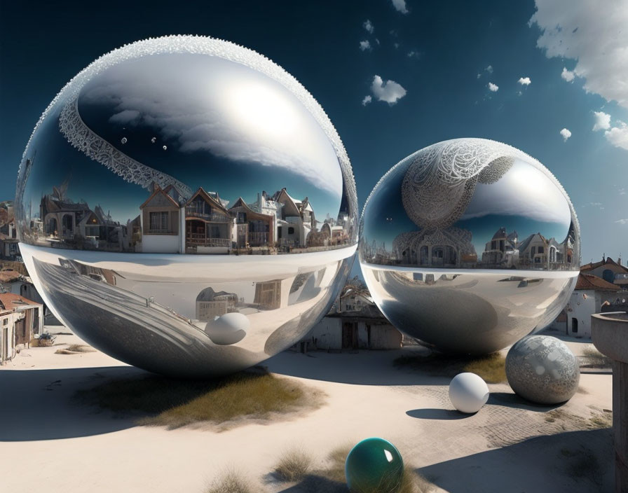 Surreal landscape featuring glossy orbs reflecting old European town under clear blue sky