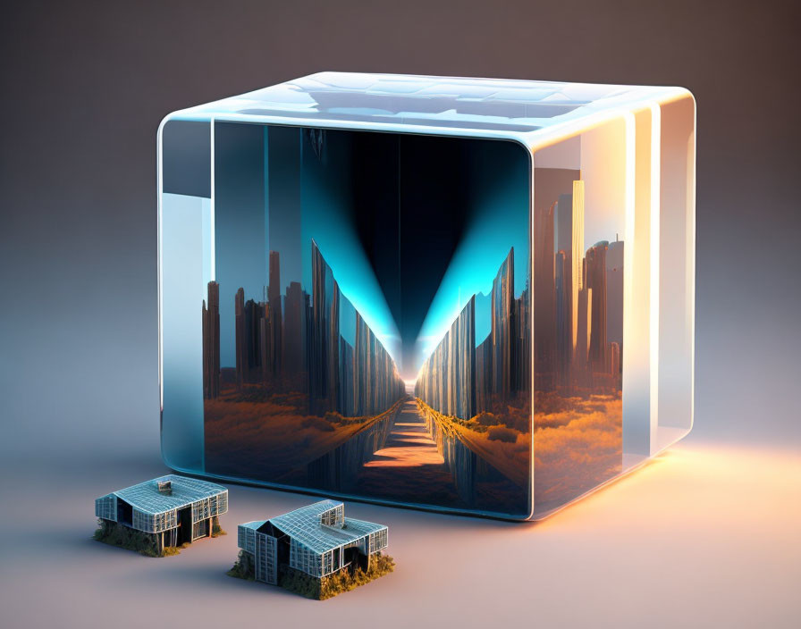 Surreal 3D Artwork: Glossy cube with futuristic cityscape inside