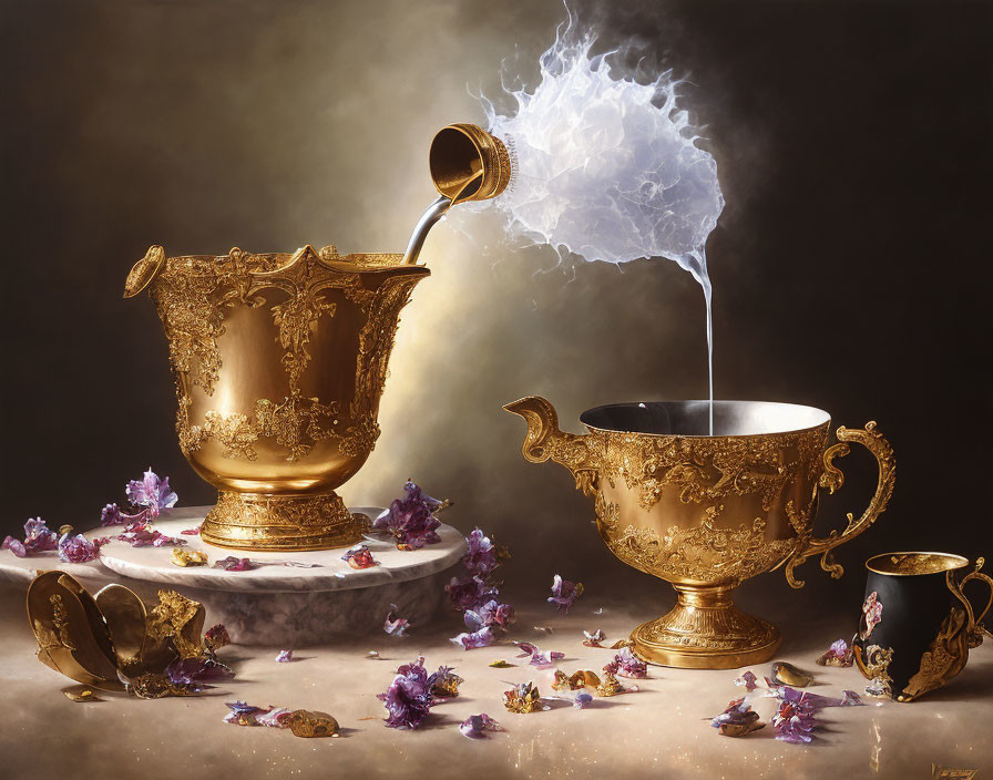 Golden tea set with swirling steam, purple flowers on moody backdrop