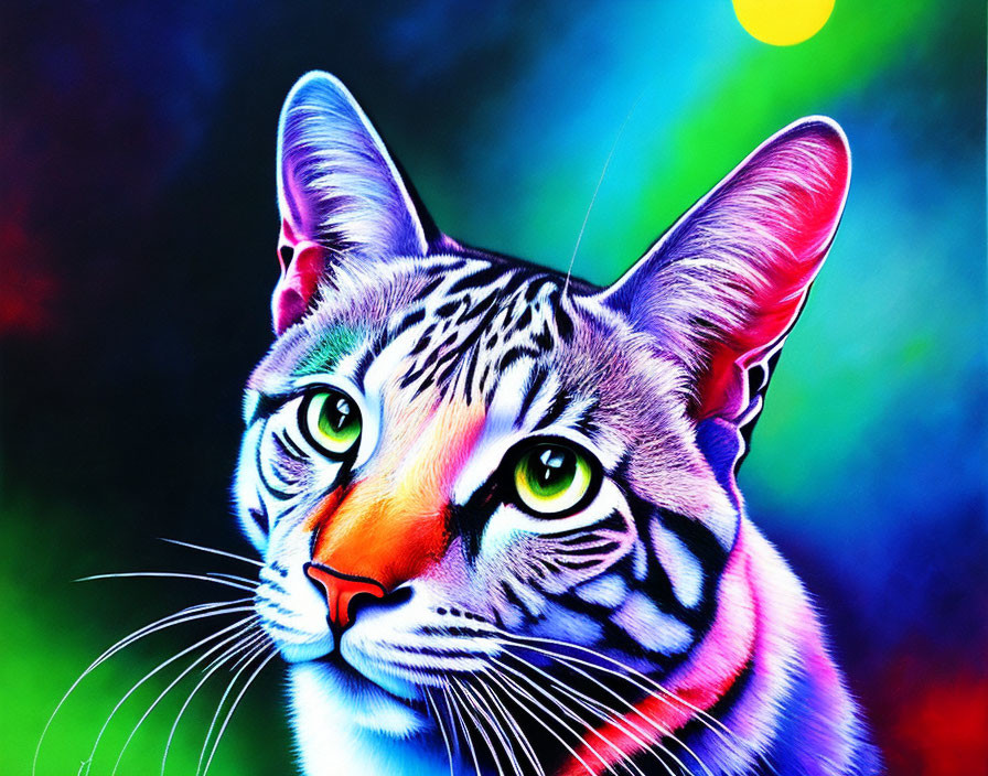 Colorful Neon Striped Cat Artwork with Bokeh Background