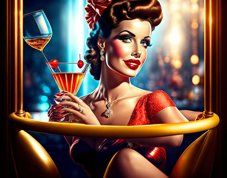 Glamorous woman in red dress with cocktail in city nightlife scene