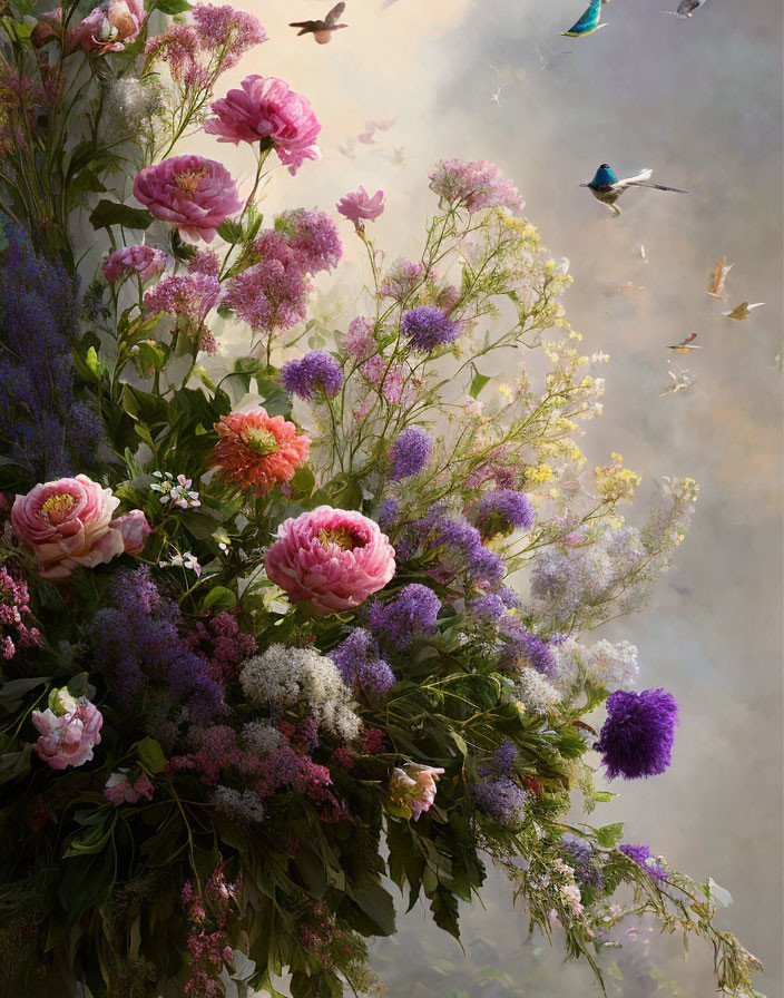 Colorful Flower Bouquet with Hummingbirds in Misty Background