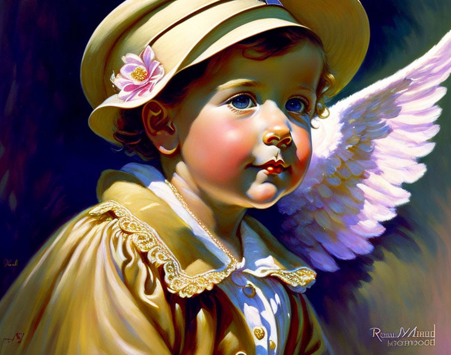 Young child with angel wings in yellow dress and hat on dark background