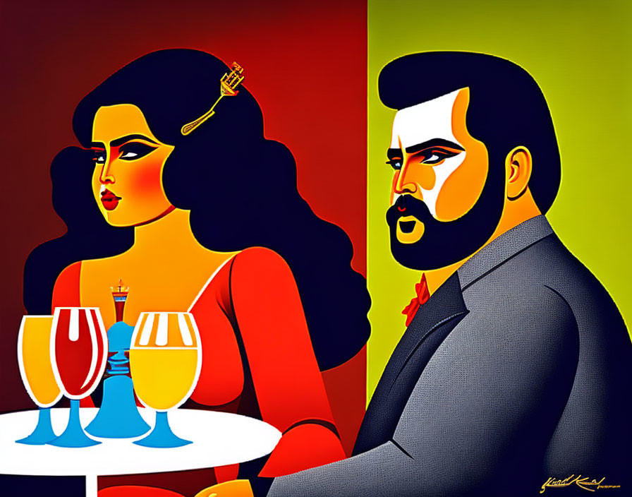 Colorful Abstract Artwork of Man and Woman at Table with Wine