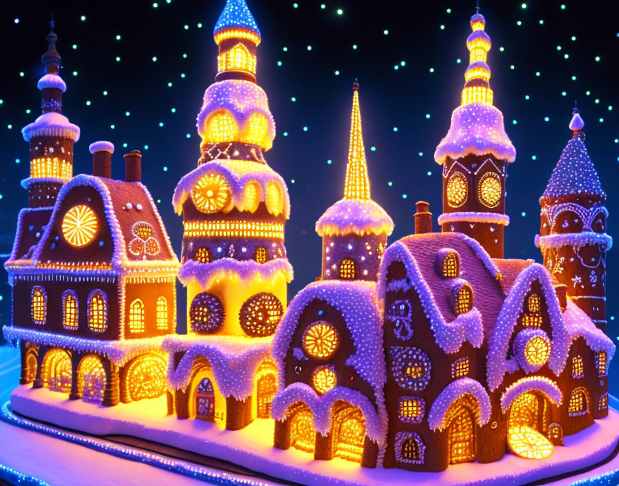 Intricately Decorated Gingerbread Village at Night