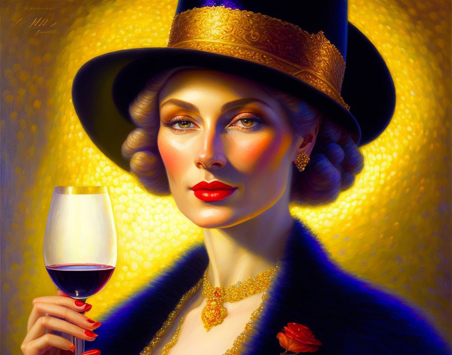 Golden hat woman portrait with wine glass in warm vintage tones