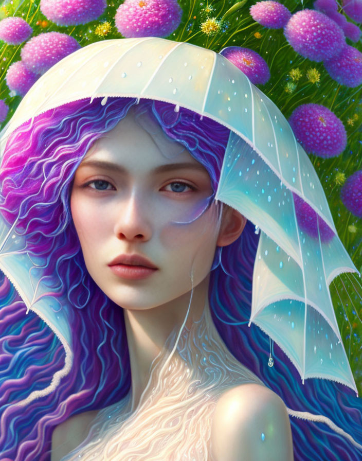 Portrait of mystical female with violet hair and dewy umbrella against pink flora