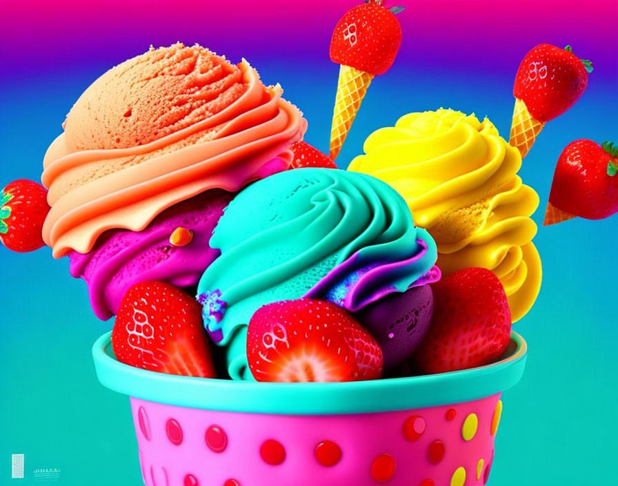 Colorful ice cream bowl with fresh strawberries on dual-toned backdrop