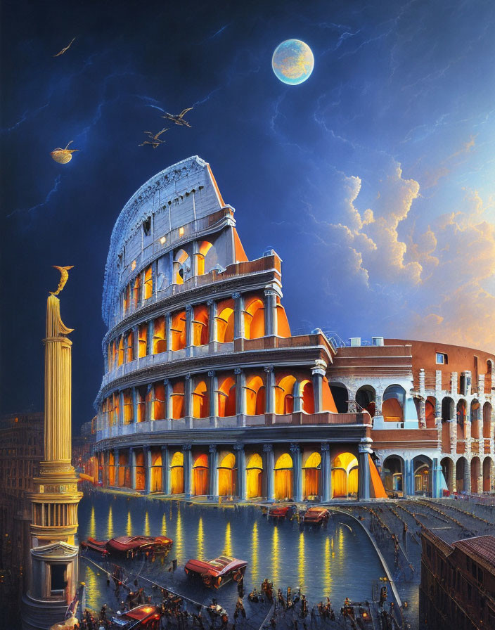 Nighttime Colosseum scene with glowing interior, moonlit sky, water, boats, and