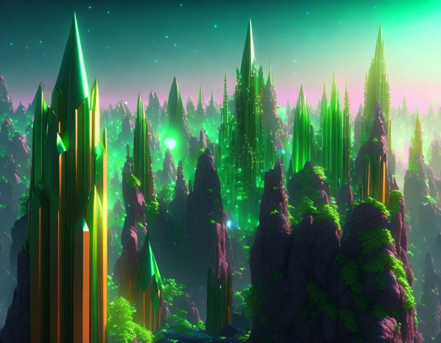 Fantastical landscape with glowing emerald spires and towering rock formations