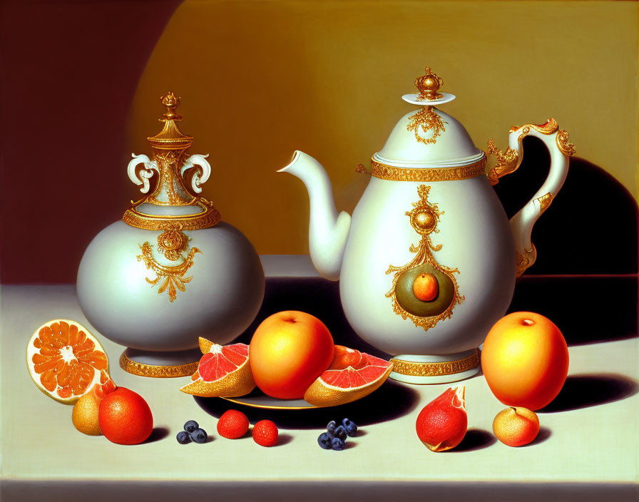 Ornate white and gold teapot with fruits in still life painting