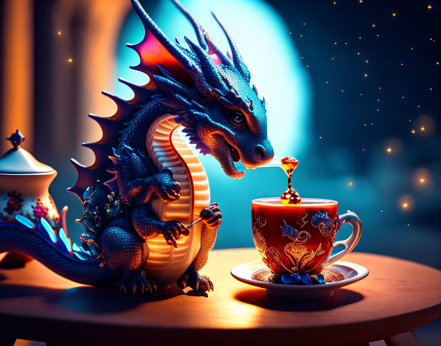 Blue dragon digital illustration with intricate scales and teacup on table under starry night.