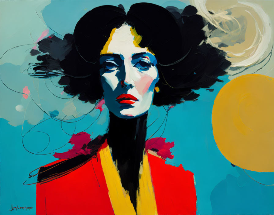 Vibrant abstract painting of woman with bold colors and exaggerated features