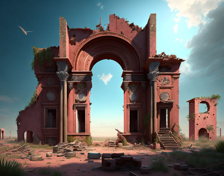 Classical arch and columns ruins in desert landscape