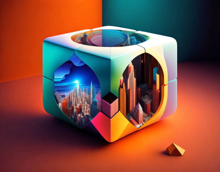 Colorful Cube with Surreal Landscapes: Cityscapes, Tunnels, and Mountain