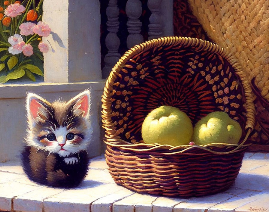 Adorable kitten with apples on sunlit ledge.