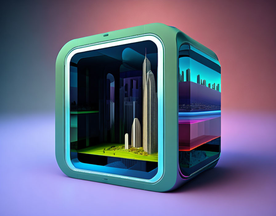 Futuristic 3D cube illustration with transparent sides and cityscape on pink-blue gradient.