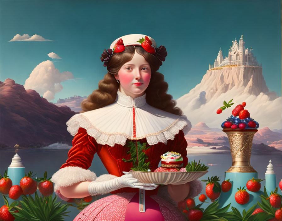 Whimsical painting of woman with cupcake in surreal landscape