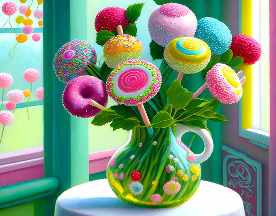 Colorful Candy Bouquet Painting Against Polka-Dotted Vase