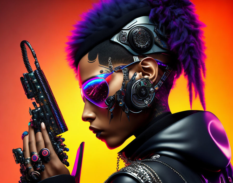 Futuristic cyberpunk portrait with mechanical eye enhancements and purple mohawk against orange backdrop