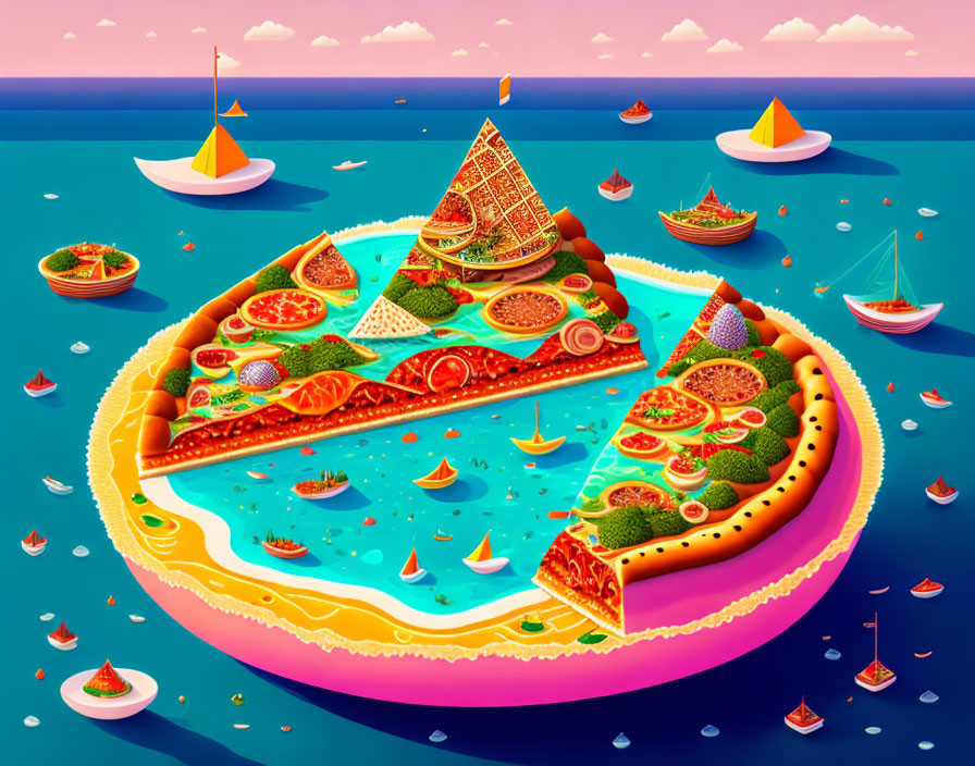 Colorful Pizza Slice Island with Sailboats on Turquoise Sea