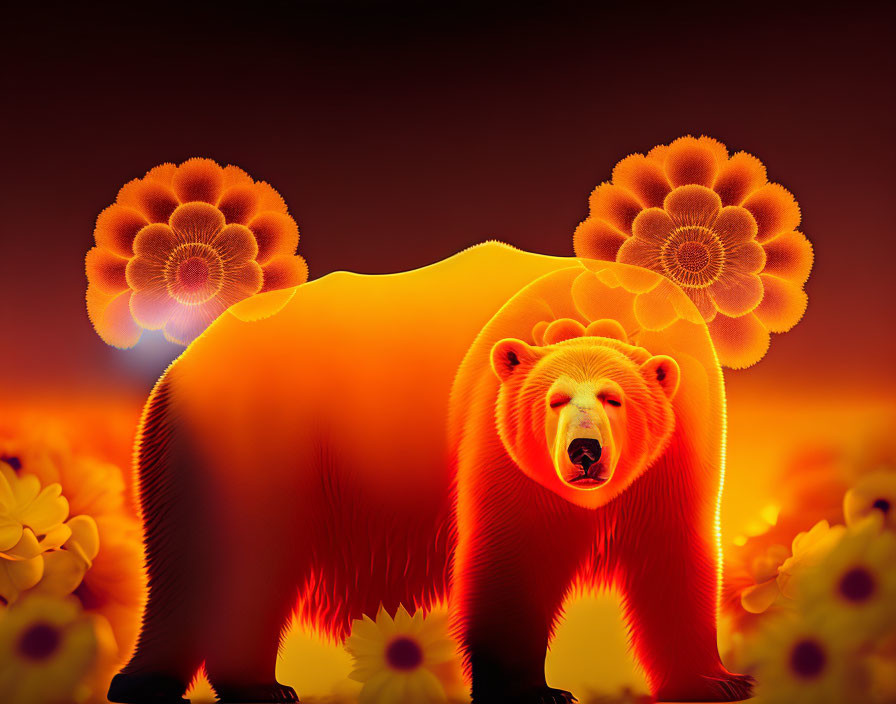 Color-enhanced bear with glowing outline on fiery floral background