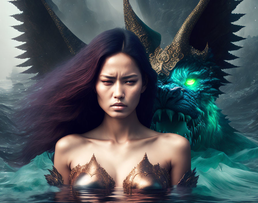 Striking woman with dragon in shadowy waters: Power and fantasy