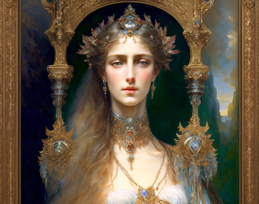 Detailed digital painting of elegant woman with ornate headpiece and jewelry framed by golden architectural elements.