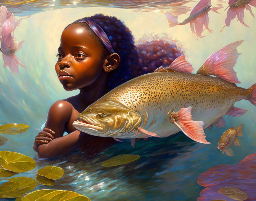 Young girl with fish and lily pads in dreamlike underwater scene