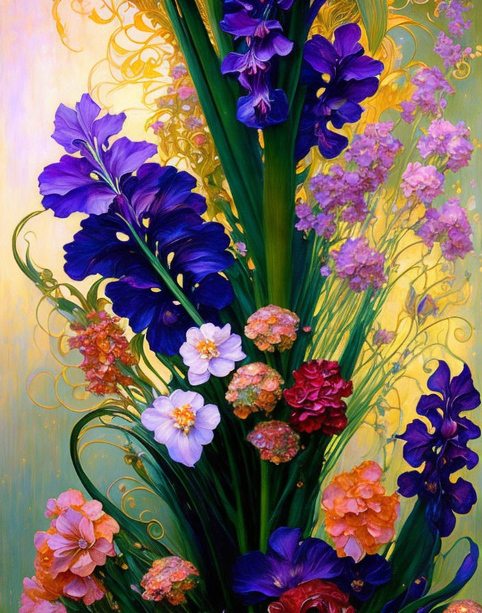 Vibrant blue and purple flowers with yellow details on pastel background