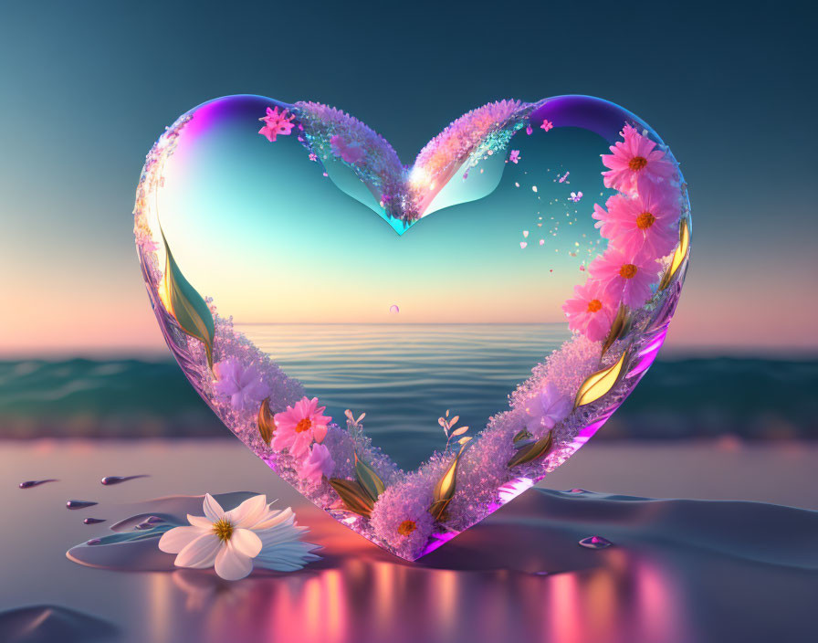 Transparent heart with flowers and branches on ocean sunset background