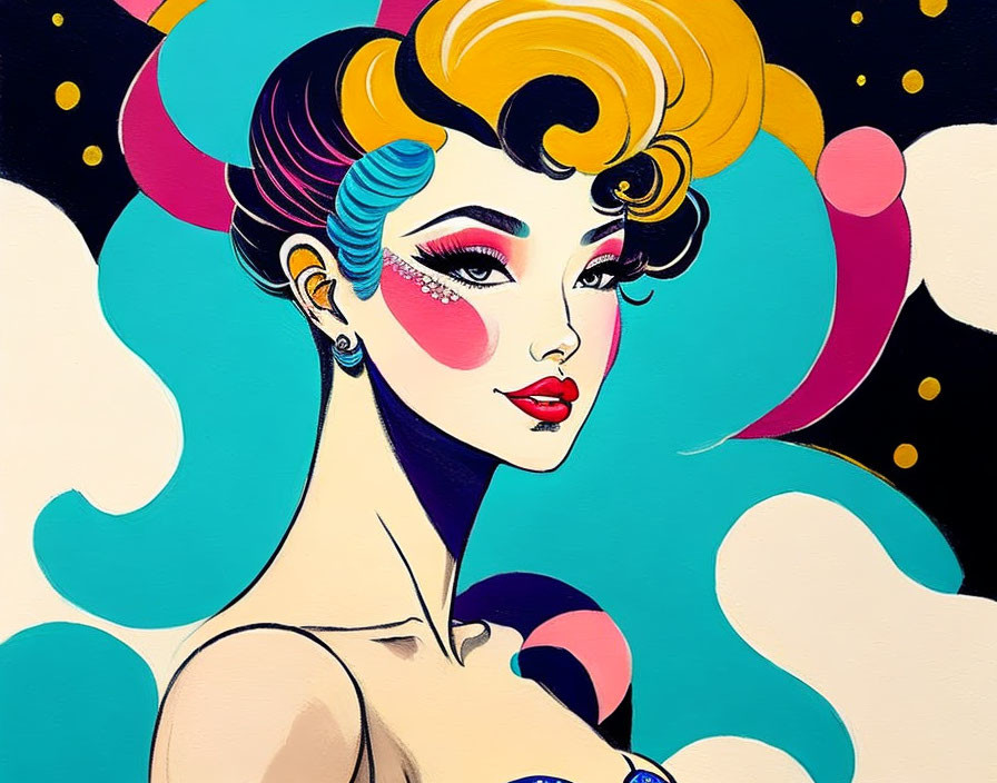 Vibrant pop art illustration of woman with colorful hair and makeup