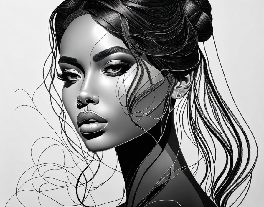 Detailed greyscale digital illustration of woman with intricate hair and eyelashes.