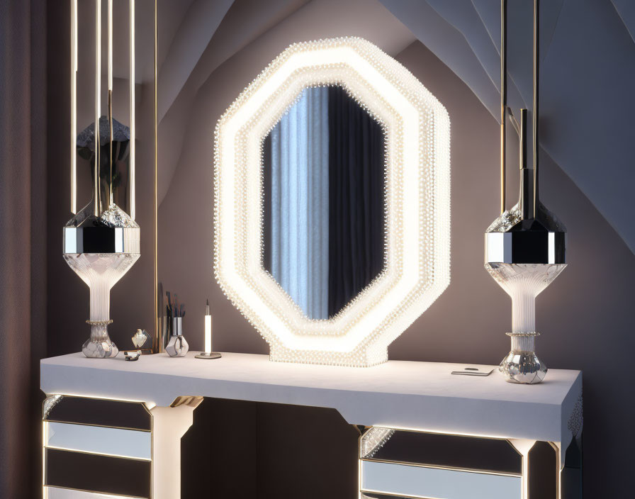 Symmetric Vanity Area with Unique Mirror and Crystal Lamps