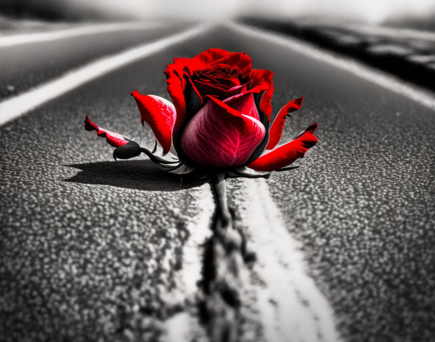 Red rose on monochrome road with blurred background