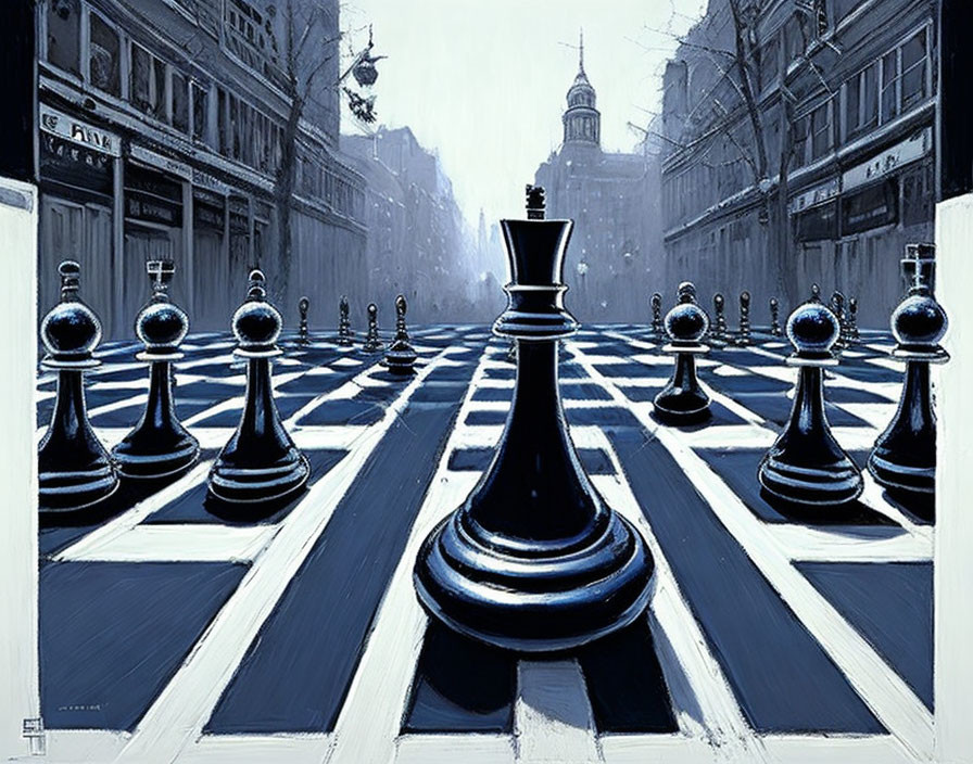 Chess-themed painting featuring buildings as pieces on chessboard street