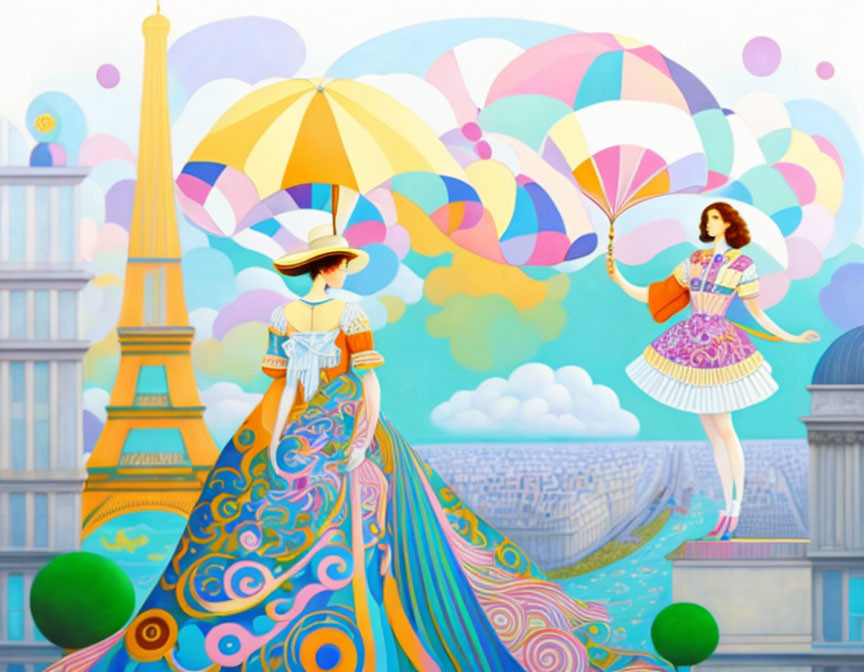 Two women in vintage dresses with Eiffel Tower, colorful balloons, and pastel sky.