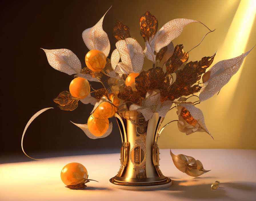 Artistic Vase with Golden Leaves on Amber Background