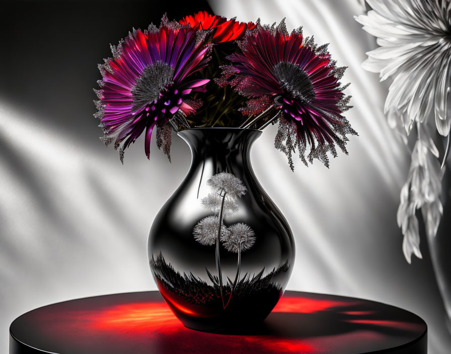 Colorful Flowers in Black Vase on Reflective Surface with Light Rays