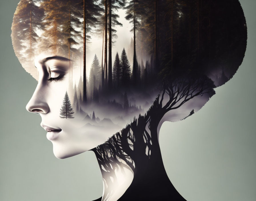 Woman's profile with forest and mountain landscape overlay depicting nature-filled mind