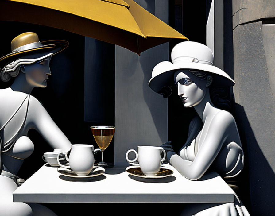 Stylized monochromatic female figures at cafe table with yellow umbrella