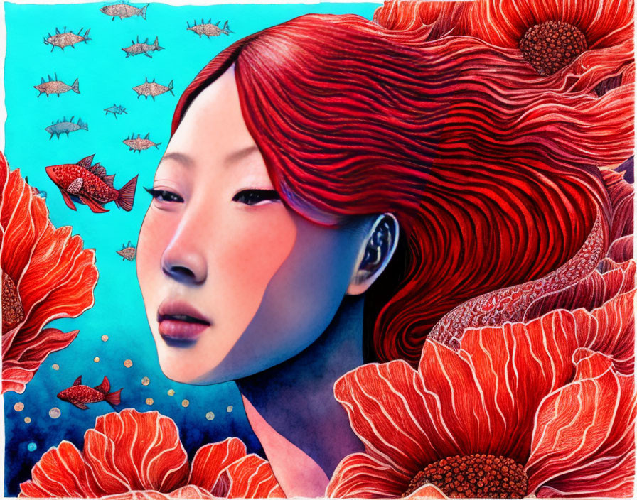 Vibrant artwork: Woman with red hair, red flowers, fish on blue.