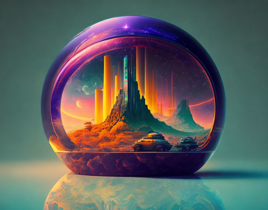 Futuristic digital artwork with transparent sphere, tall structures, starry sky, and cars