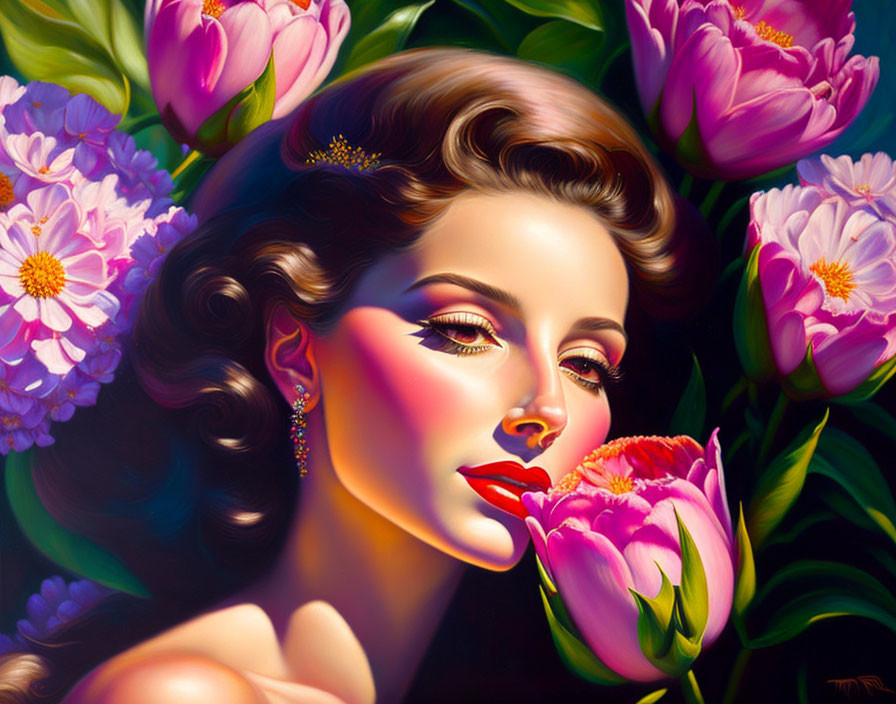 Vintage-inspired portrait of woman with retro hair and makeup among pink and purple flowers